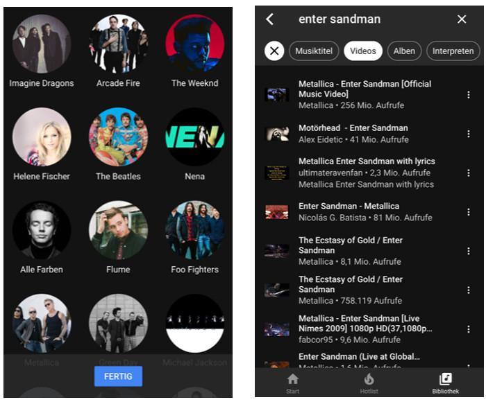 Screenshots van de YouTube Music app.