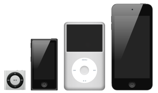 De evolutie van de iPod: 4 verschillende iPod modellen op een rij. 