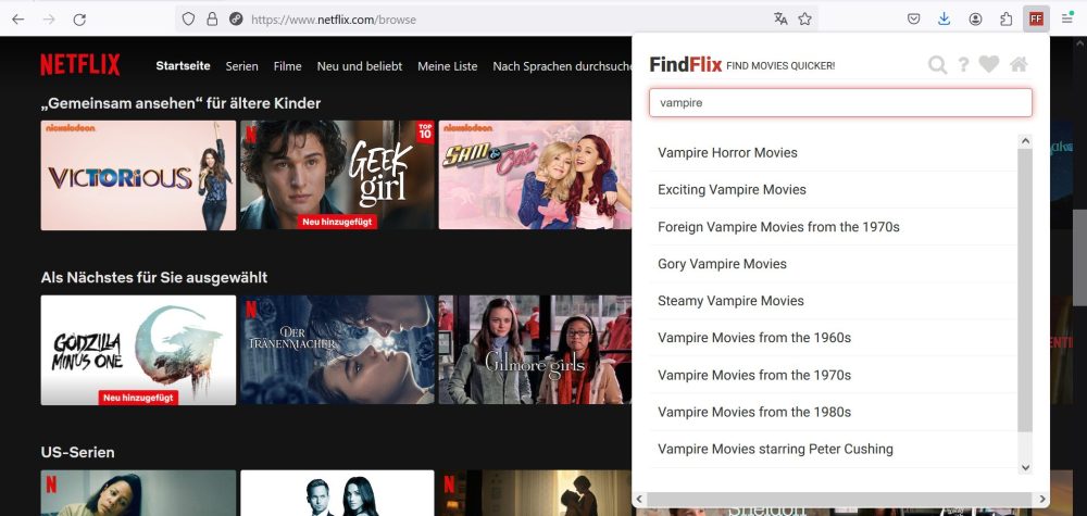 Nutzung des Add-ons „FindFlix“ im Firefox-Browser
