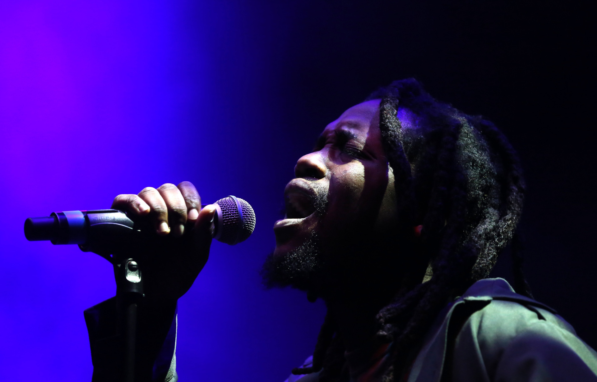 Sänger mit einem Mikrofon beim Chiemsee Reggae Summer.